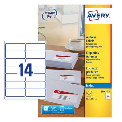 Etichette bianche per buste AVERY QuickDRY™ 99,1x38,1 mm - 14 et/foglio - stampanti inkjet - cf. 25 fogli J8163-25